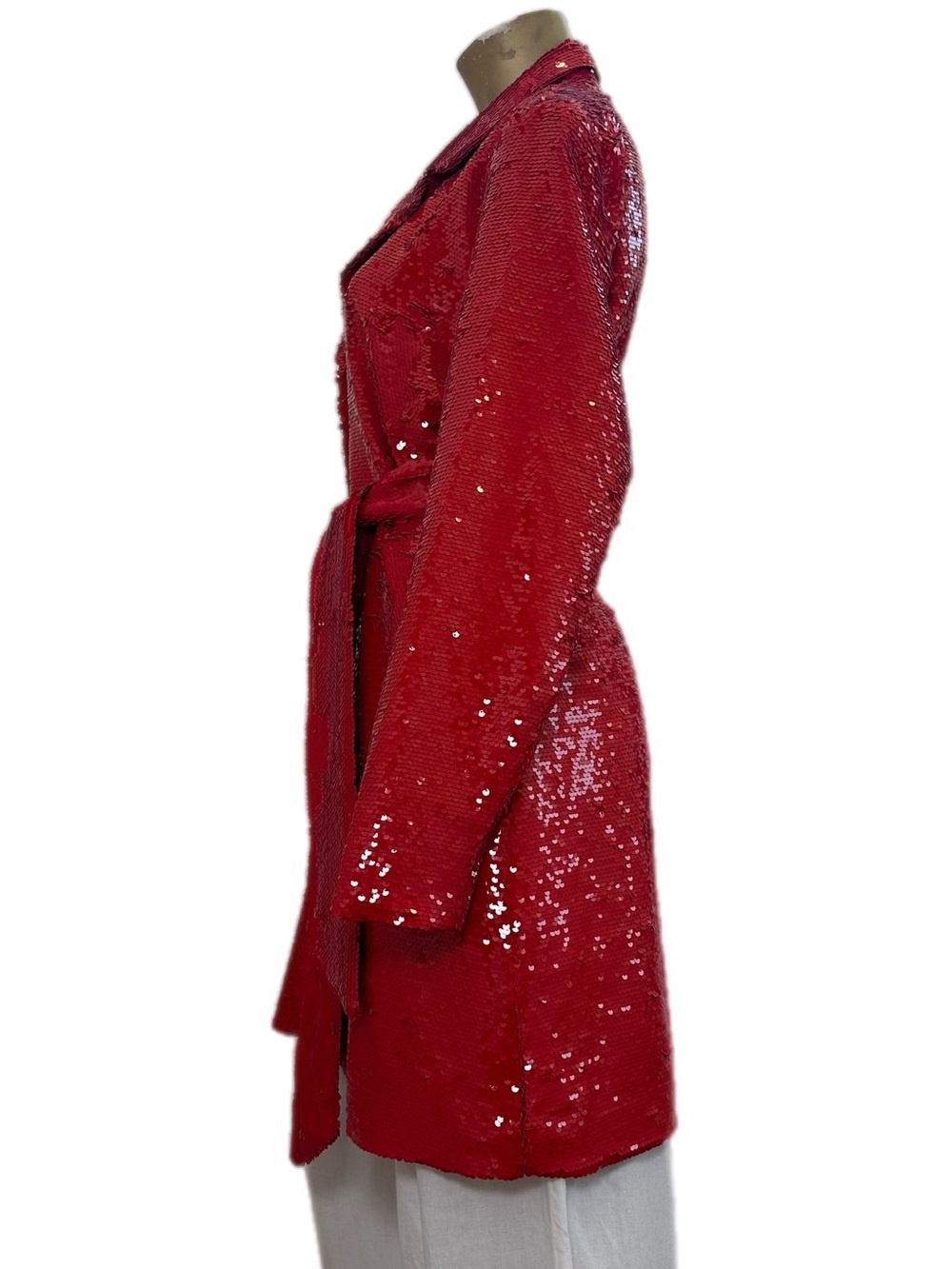 VENUS Red Sequin Belted Duster Midi length Jacket Size 14 , snap button front - Picture 4 of 12
